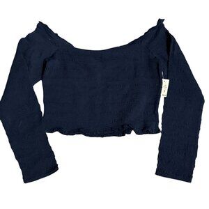 Aeropostale Womens XL Navy Blue Off-Shoulder Smocked Long Sleeve Top